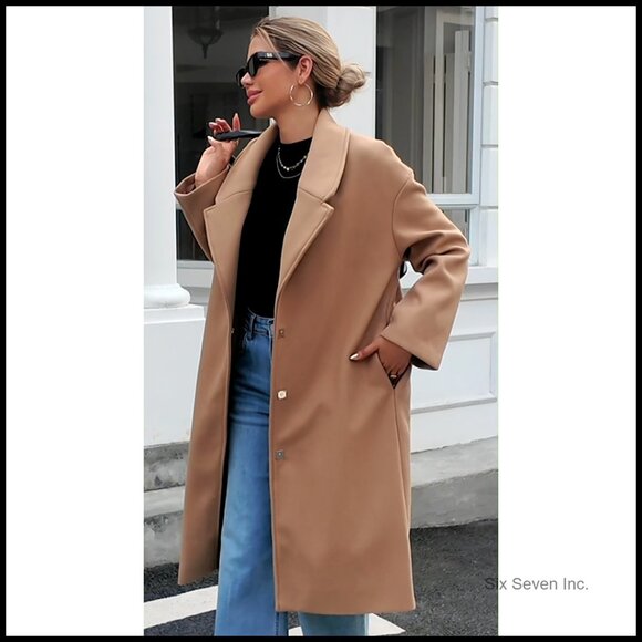 Wool Blend Trench Coat Single Breasted Snap Button Notched Collar - Picture 6 of 6